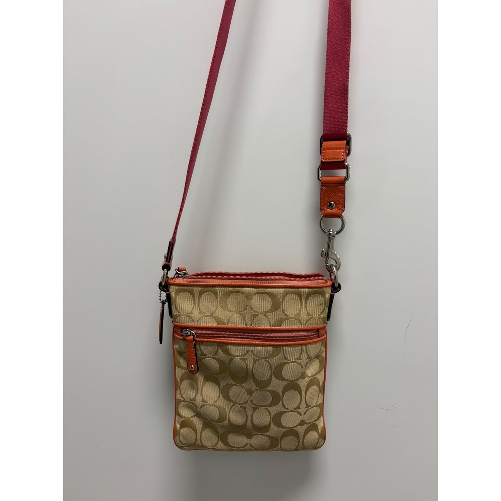 Vintage Coach Signature Floral Applique Crossbody Bag Tan Pink Messenger Bag - Picture 8 of 11